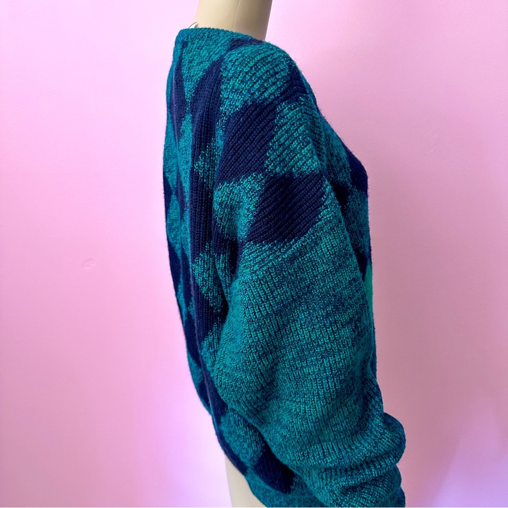 Vintage Women's XL Grunge 90's Green and Pink Argyle Sweater - Picture 5 of 8